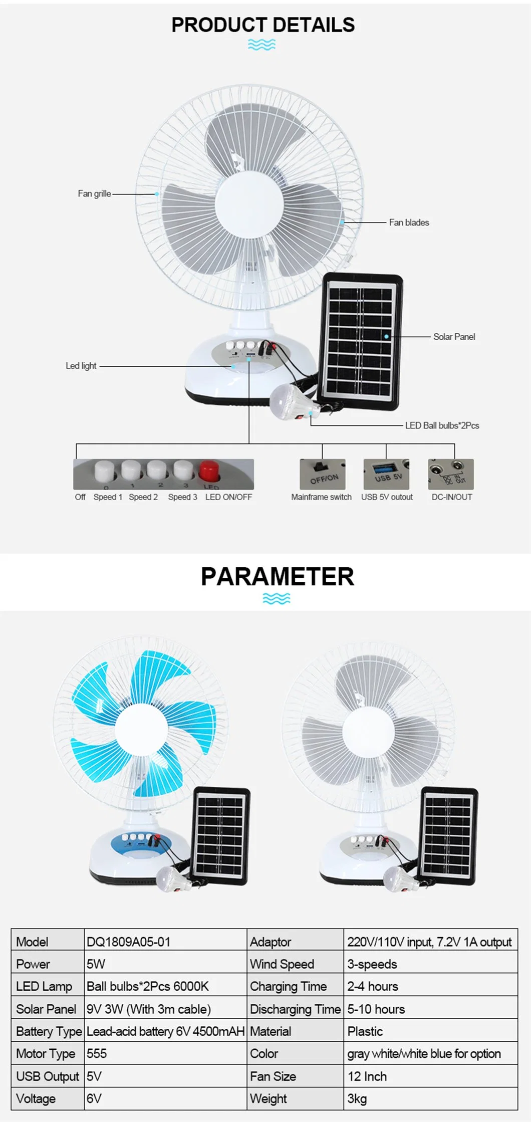 Office Home Solar Battery Rechargeable Table Fan DC Table Desk Fans Use Emergency LED Light USB Charge Pedestal Fan