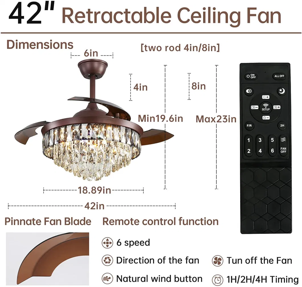 Luxury Design 42 Inch Folding Hidden Blade High Quality Crystal Ceiling Fan Light