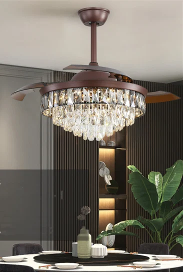 Conception de luxe 42 pouces lame cachée pliante lumière de ventilateur de plafond en cristal de haute qualité